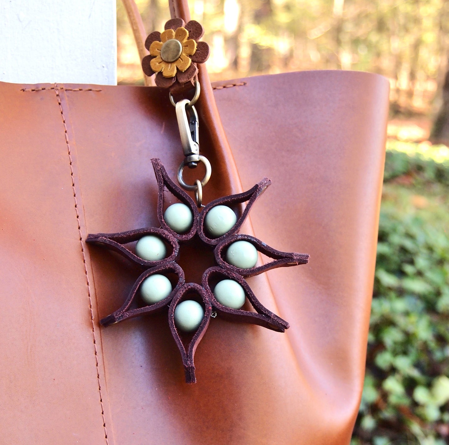 An Upgraded Design Dual Purpose Leather Snap Ring Flower Purse Charm Holder snap around your bag Loop attachment for charms and tassels bird butterfly heart Star Bee