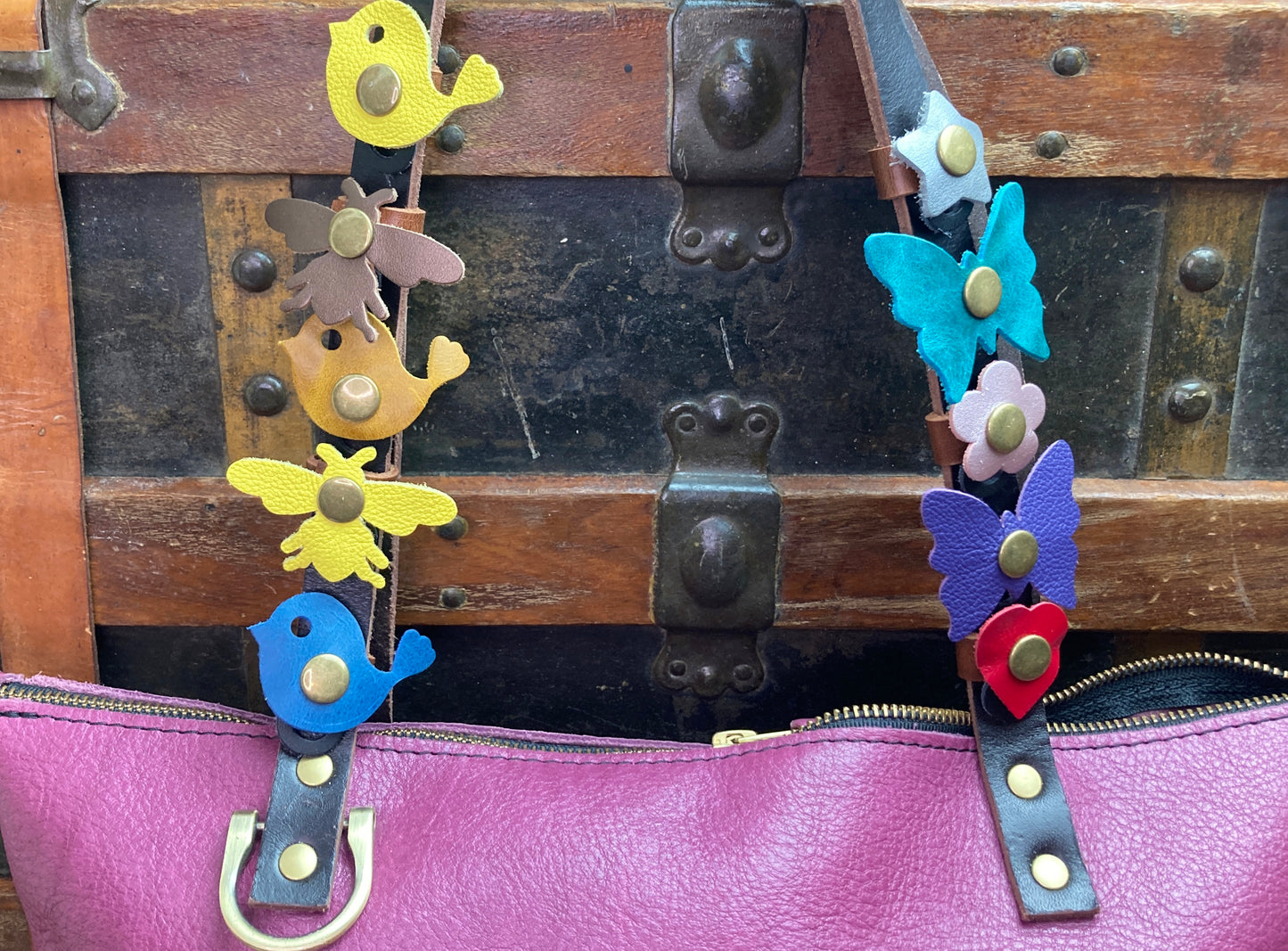 An Upgraded Design Dual Purpose Leather Snap Ring Flower Purse Charm Holder snap around your bag Loop attachment for charms and tassels bird butterfly heart Star Bee
