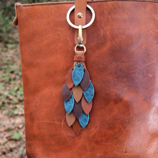 Leather Waterfall Leather Purse Charm Tassel Hand made with variety of  Leather colors in shades of brown and Teal  AA+